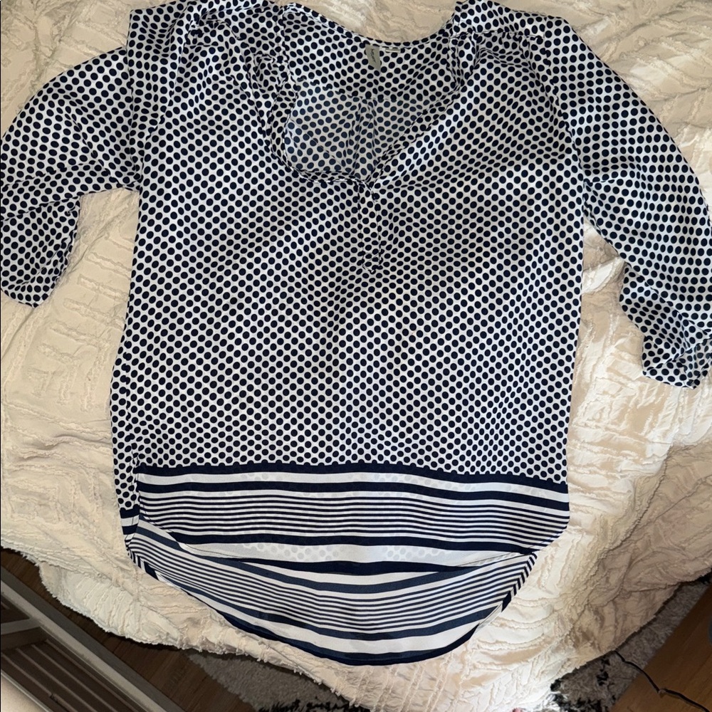 Tacera Navy and White Polka Dot Blouse